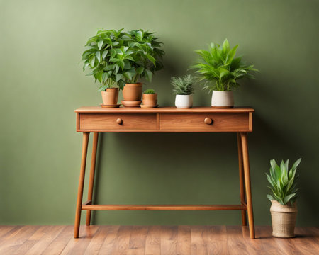 Wooden chest of drawers with plants in pots near green wallの素材
