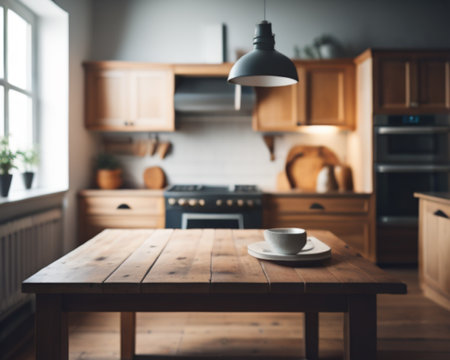 Kitchen interior with wooden table and cup of coffee. Blurred backgroundの素材