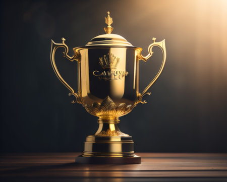 Golden trophy cup on wooden table and dark background. 3d renderingの素材