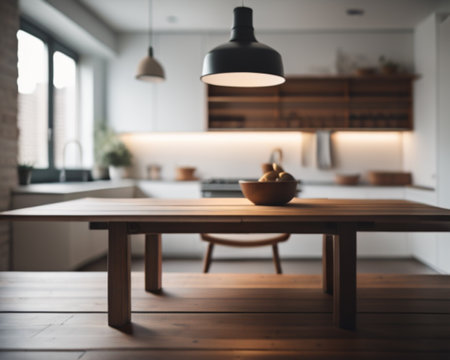 Wooden table in modern kitchen interior with daylight, selective focus.の素材