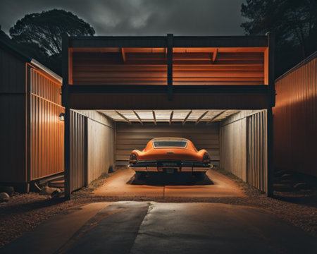 Vintage american car parked in a garage. Night time.の素材