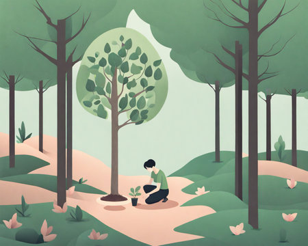 Young man sitting on the ground in the forest and planting a tree. Vector illustration.の素材