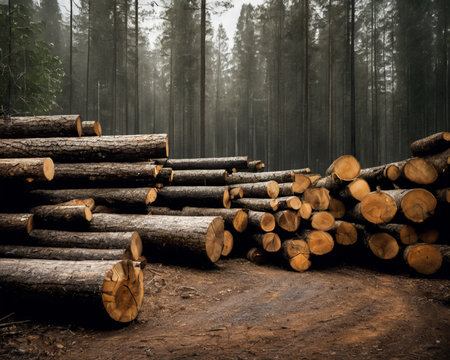 Pile of pine tree trunks in the forest, ready for transportationの素材