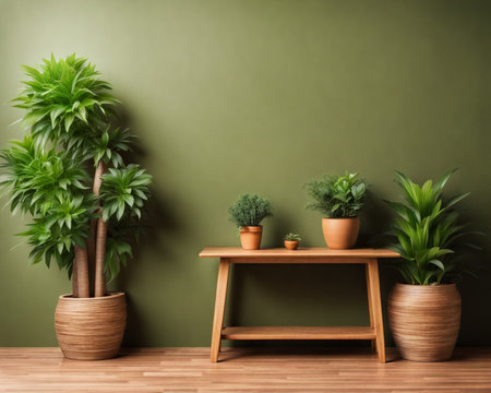 Interior of modern living room with plants. 3d render illustrationの素材
