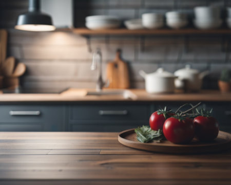Kitchen interior with wooden table, close up. Blurred backgroundの素材