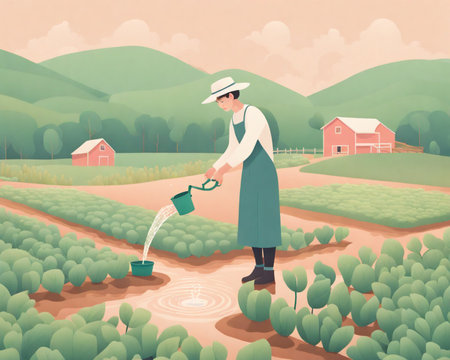 Farmer is watering the plants in the field. Vector illustration.の素材