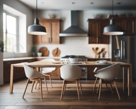 Interior of modern kitchen with wooden table and chairs. Blurred backgroundの素材
