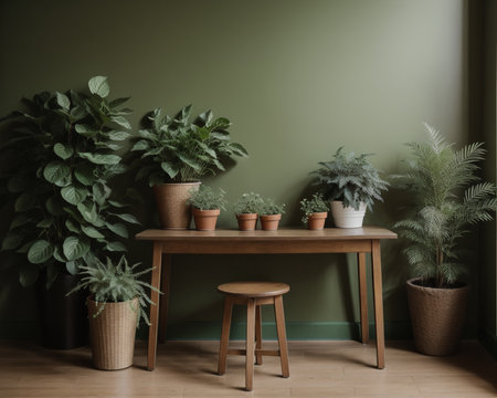 Interior of living room with green walls, wooden table and green plantsの素材