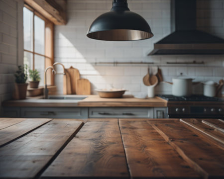 Wooden table in modern kitchen interior. Blurred background, copy spaceの素材