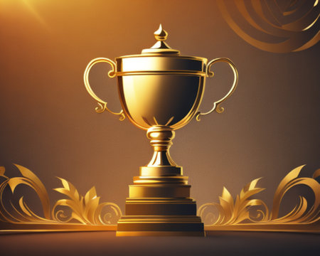 Golden trophy cup with golden ornament on dark background. 3D renderingの素材