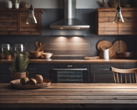 Empty wooden table in modern kitchen. Blurred background. Mock upの素材
