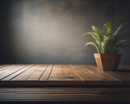 Wooden table and plant in pot on dark background with copy spaceの素材