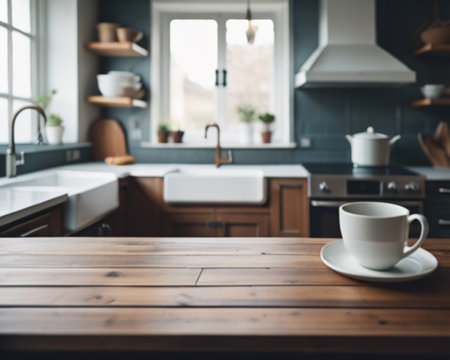 Wooden table and cup of coffee in modern kitchen interior. Blurred backgroundの素材