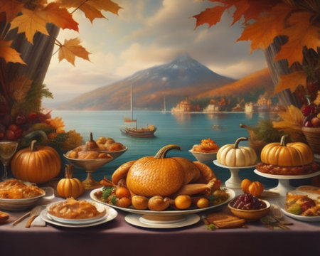 Autumn table setting with pumpkins, apples, berries and other food on the lake.の素材