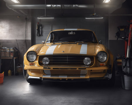 Front view of an old yellow american car in a garage.の素材