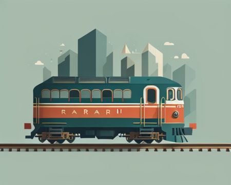 Train on the rails in the city. Vector illustration in flat styleの素材