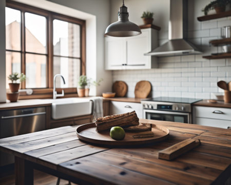 Kitchen interior with wooden table and green apple, selective focus.の素材
