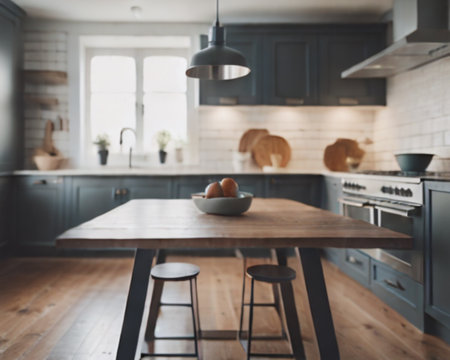 Eggs in bowl on wooden table in modern kitchen with grey wallsの素材