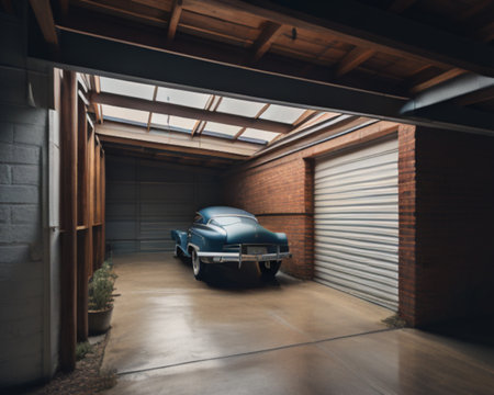 Vintage blue car in garage. Retro car in garage interior.の素材