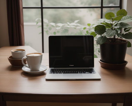 Laptop and coffee cup on wooden table in front of window.の素材