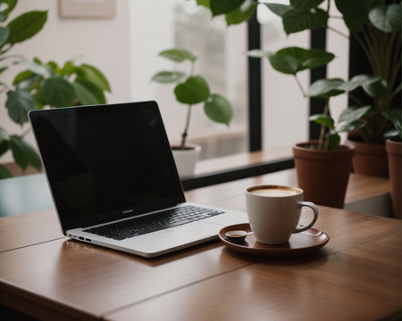 Laptop and coffee cup on wooden table in coffee shop, stock photoの素材