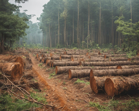 Tree trunks in the forest with fog in the morning, Thailand.の素材
