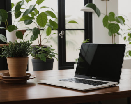 Laptop computer on a wooden table in the office with green plantsの素材