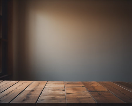 Empty wooden table over grey wall background, product display montage.の素材