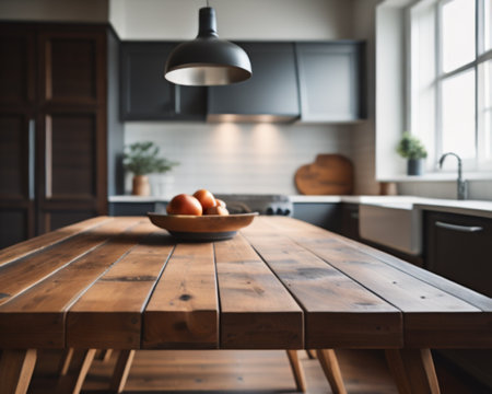 Wooden table in modern kitchen interior, selective focus. Blurred background.の素材
