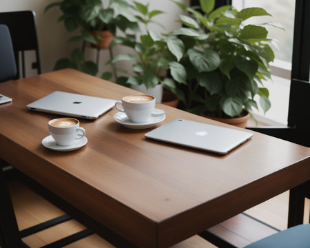 Coffee cup and laptop on wooden table in coffee shop.の素材