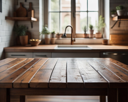 Wooden table in a modern kitchen, blurred background, bokehの素材