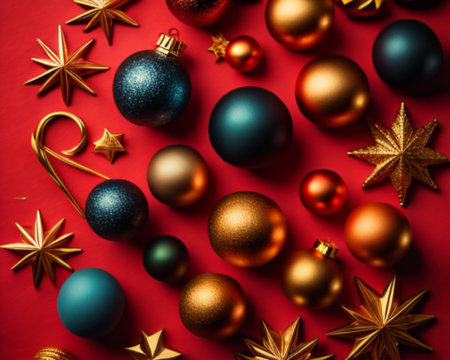 Christmas balls and stars on red background. Flat lay, top view.の素材