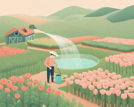 Farmer watering the flowers in the field. Vector illustration. Retro style.の素材
