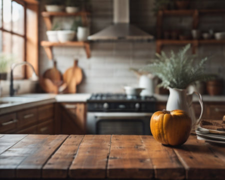 Empty wooden table for product display montages in modern kitchen with pumpkinsの素材