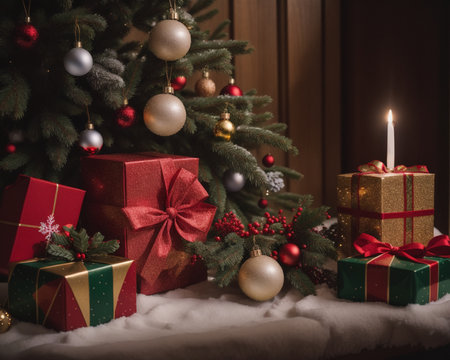 Christmas tree with gifts and a burning candle on a wooden background.の素材