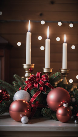 Christmas decoration with candles and baubles on a wooden background.の素材