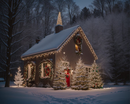 Christmas house in winter forest at night. Christmas and New Year concept.の素材