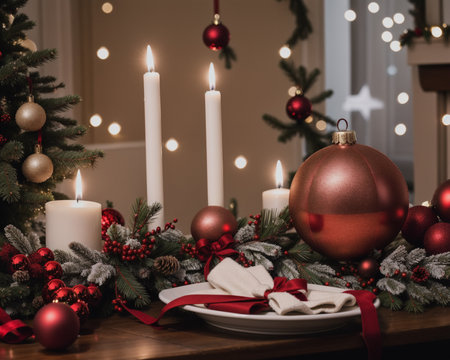 Christmas table setting with red baubles, candles and pine branchesの素材