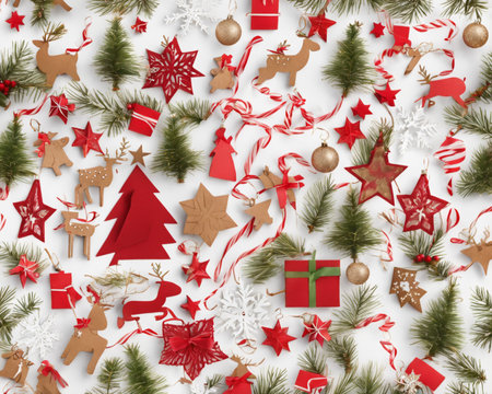 Christmas pattern made of christmas decorations and gift boxes on white backgroundの素材