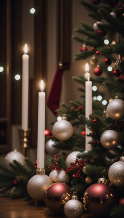 Christmas tree with candles and ornaments. Selective focus.の素材