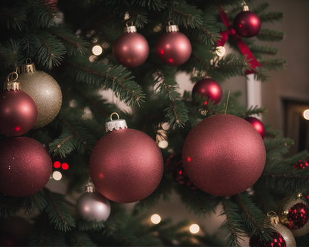 Christmas tree with red and gold balls. New Year's background.の素材