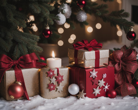 Christmas background with Christmas tree, gifts and decorations. Happy New Yearの素材