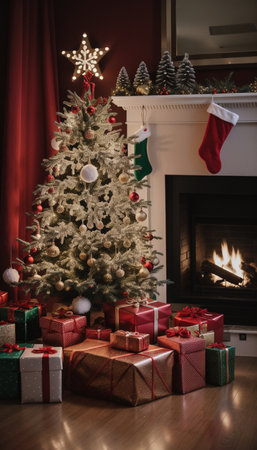 Christmas tree with gifts and fireplace in the living room at home.の素材