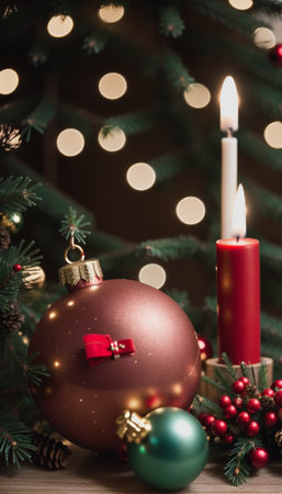 Christmas still life with christmas tree, balls and candles on wooden backgroundの素材