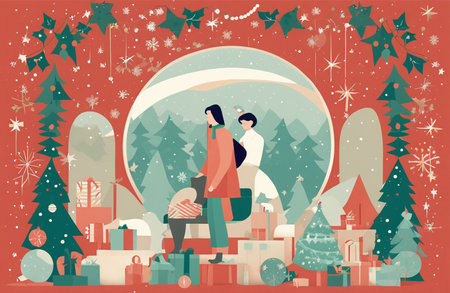 Couple in winter landscape. Christmas and New Year vector illustration.の素材