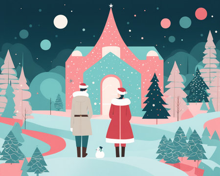Couple in love in winter forest. Vector illustration in flat styleの素材
