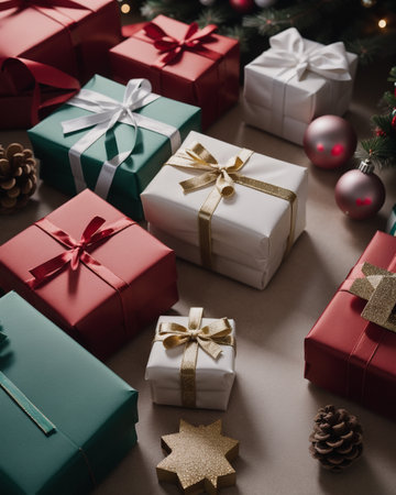 Christmas gift boxes with ribbons and christmas tree on brown backgroundの素材