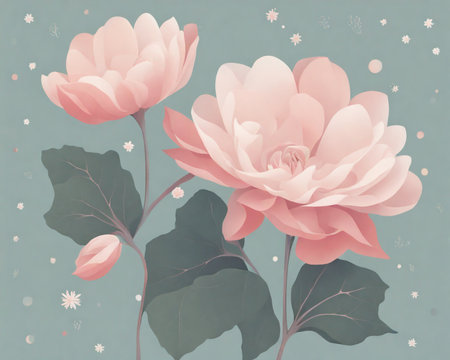 floral background with pink peony flowers and green leaves in retro styleの素材