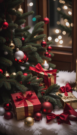 Beautiful Christmas tree with gifts and garlands on the windowsillの素材