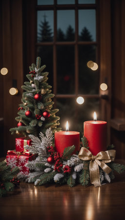 Christmas decoration with candles and fir tree on the background of the windowの素材